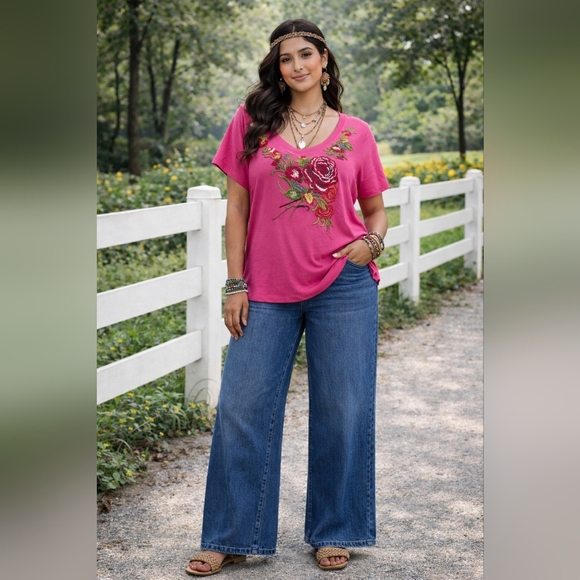 Johnny Was Tops - Johnny Was Pink Floral Embroidered Short Sleeve T Shirt